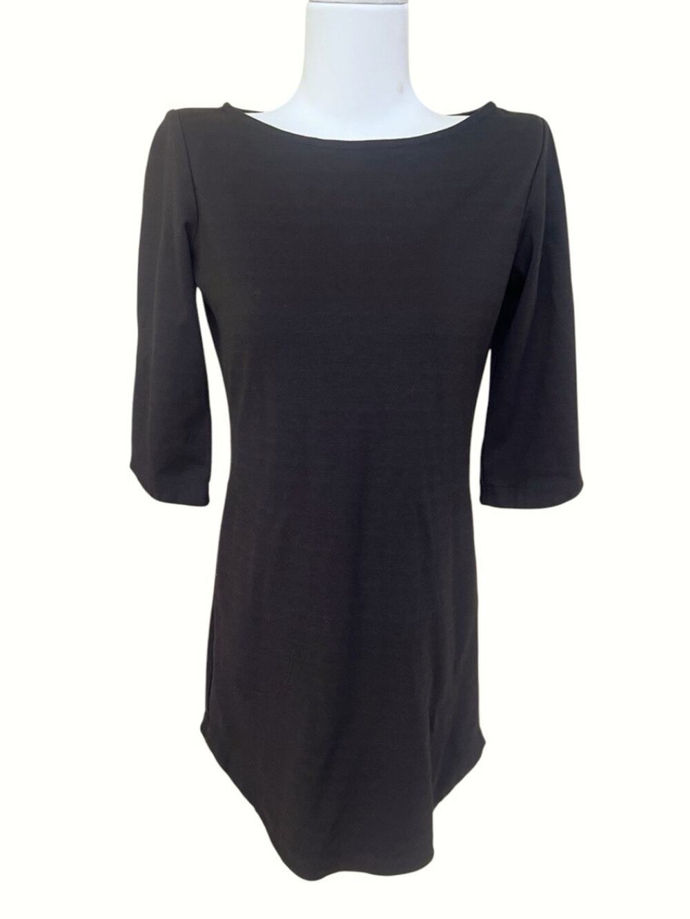 Sunhee Moon Women's Boat Neck Sheath Dress Tunic 3/4 Slv Black Knit Sz XS Pocket